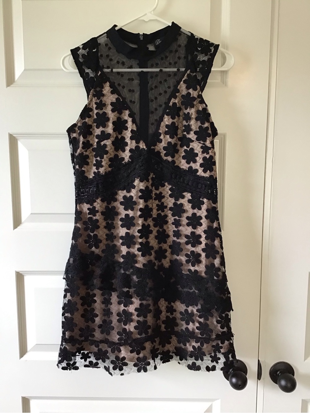 Black Floral Lace Overlay Mini Dress with Nude Lining